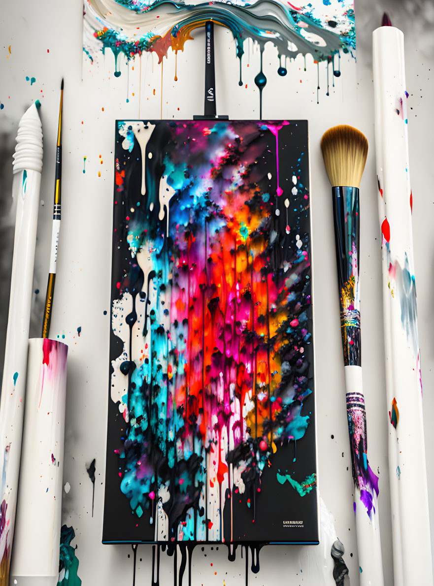 Colorful abstract painting with dripping colors and art supplies on white surface