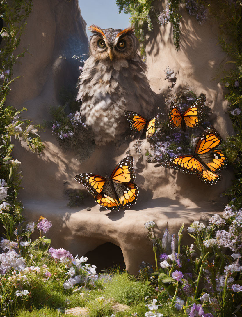 Owl perches above burrow with butterflies in sunny scene