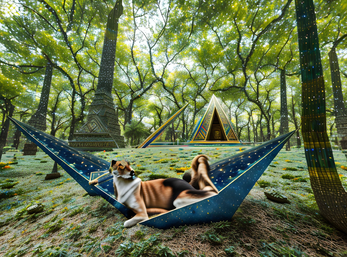 Dog relaxing on star-patterned hammock in lush forest with triangular structure