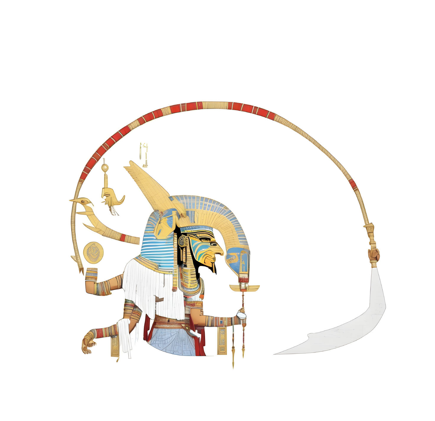 Illustration of Egyptian deity Horus with falcon head and crescent scythe