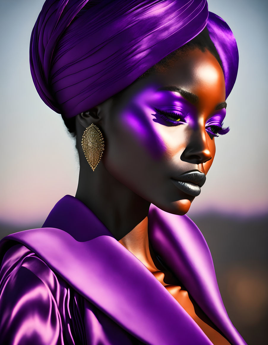 Striking woman with purple makeup, headwrap, and large earring in warm light