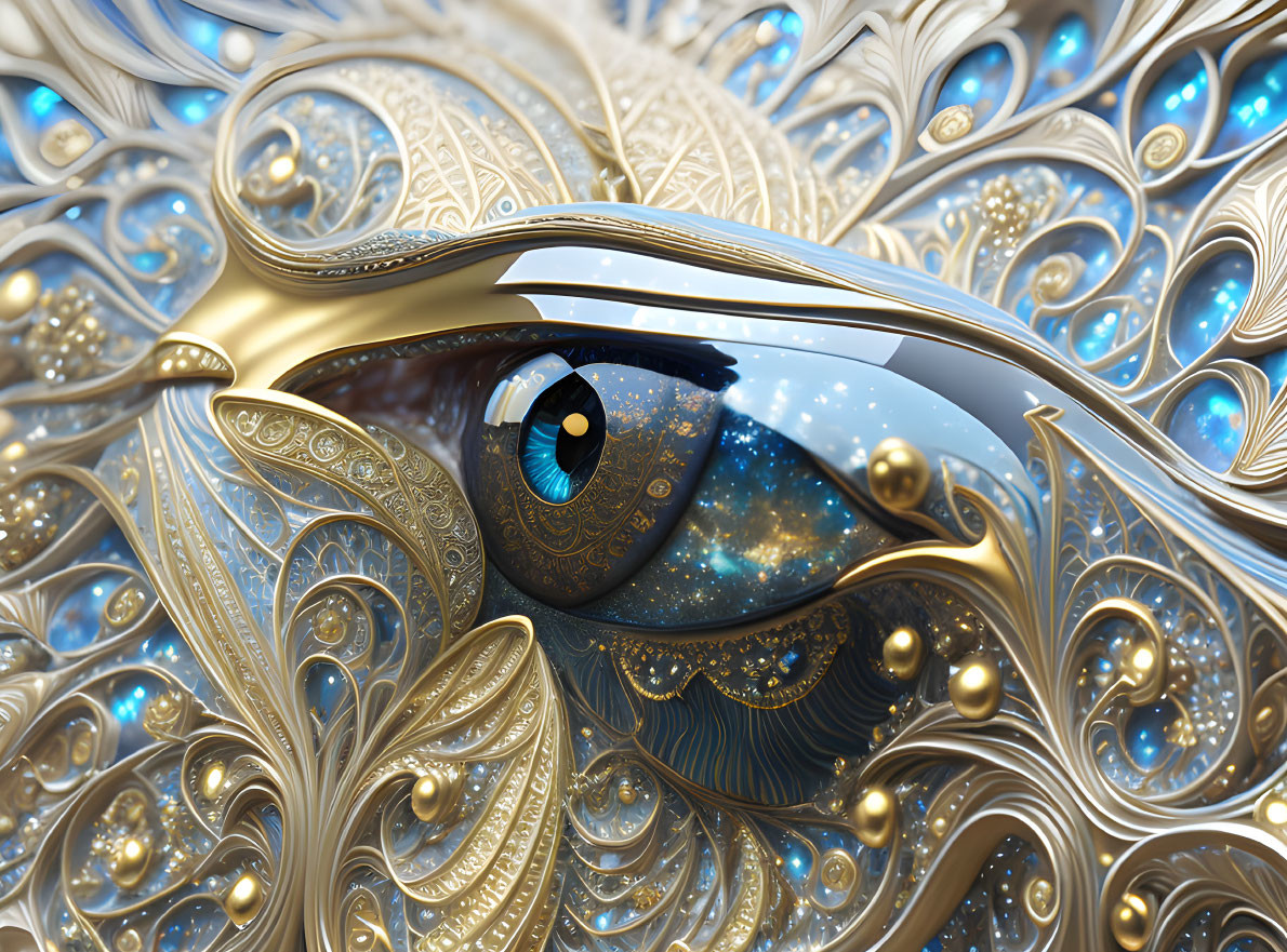 Detailed Eye Illustration with Gold and Blue Peacock Feather Patterns