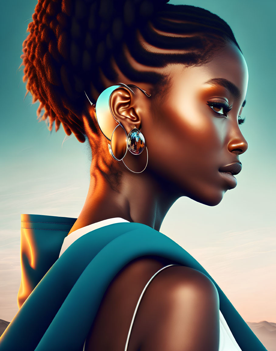 Intricate Braided Hair and Ornate Earring on Teal and Orange Background