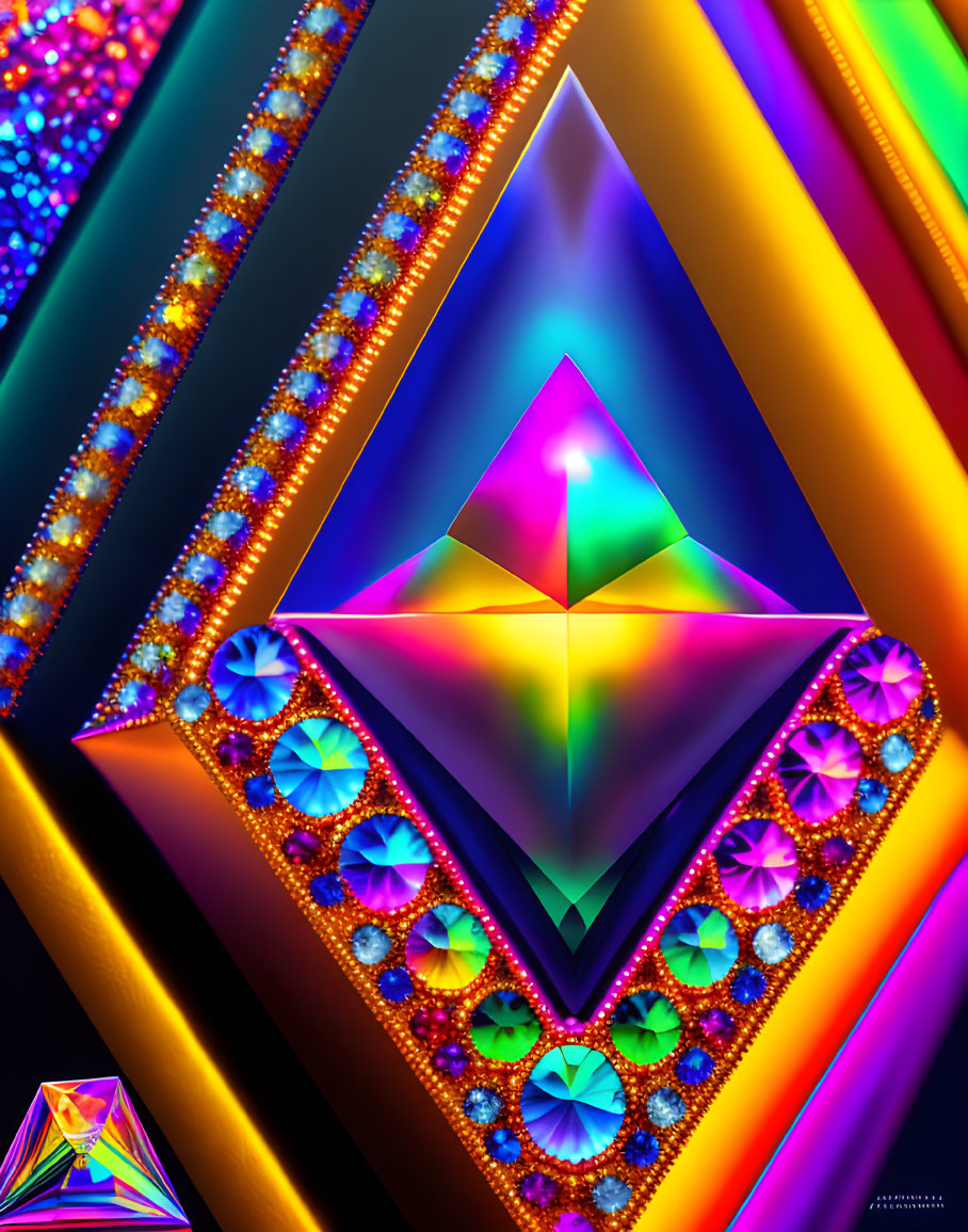 Colorful Abstract Art with Gem-like Patterns and Neon Spectrum Triangle