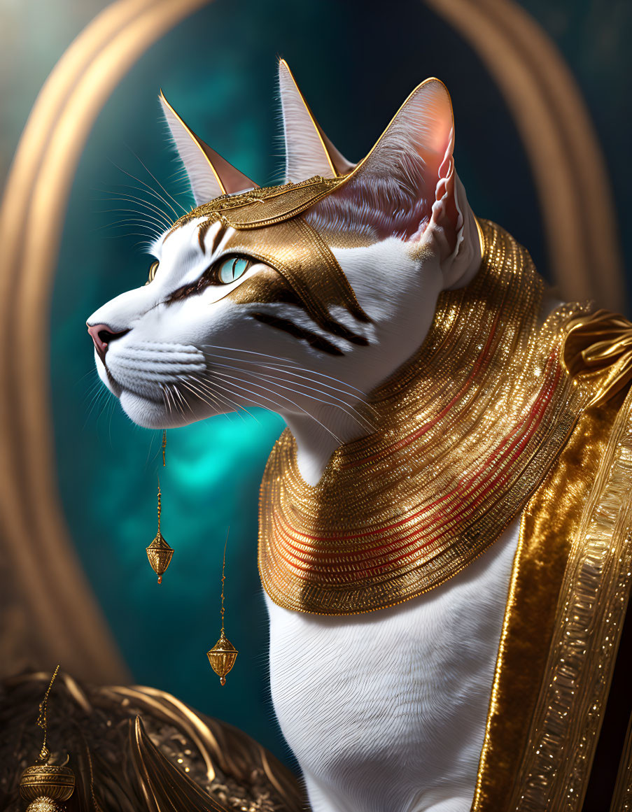 Regal cat with white and grey coat and Egyptian-like jewelry on teal backdrop