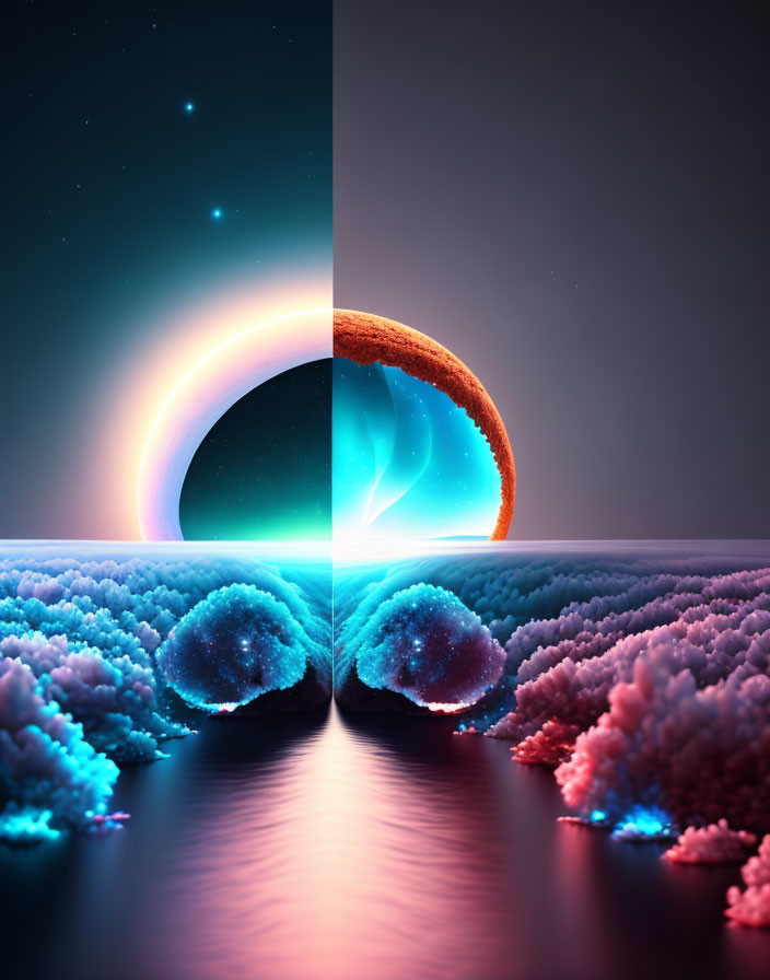 Alien landscape split-image: cool blue vs warm orange with surreal planet above vibrant coral formations