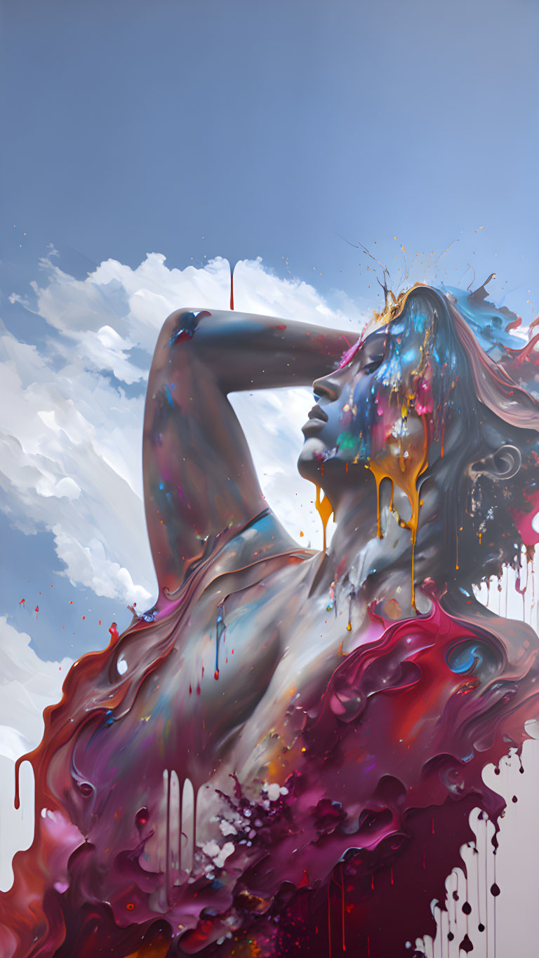 Colorful digital artwork: Woman with melting features in sky backdrop