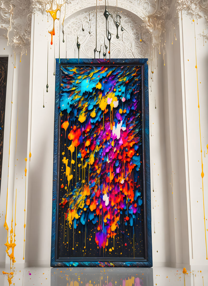 Colorful Abstract Painting with Blue, Yellow, and Pink Hues on White Wall