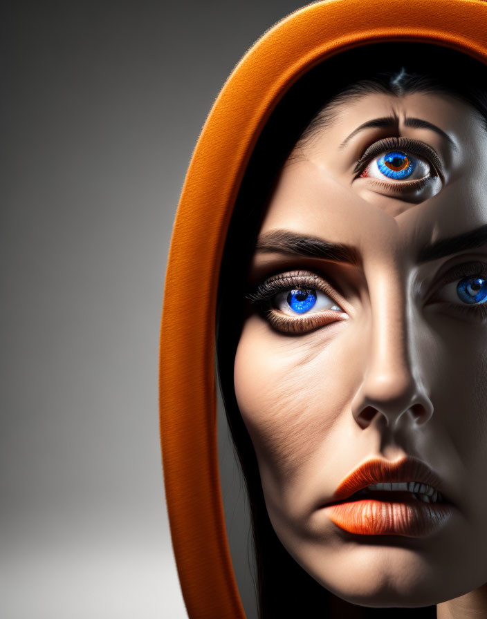 Blue-eyed woman with extra eyes painted, orange hood, gray background