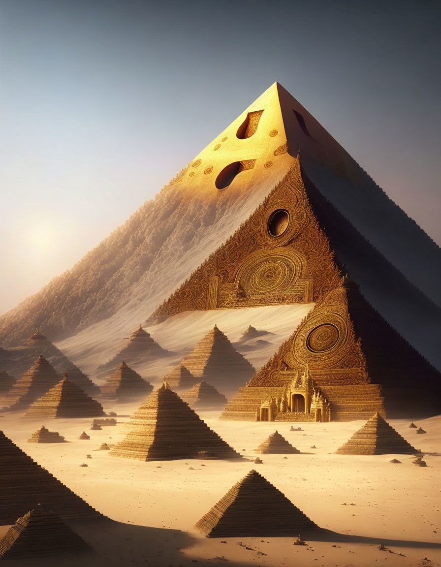 Surreal desert pyramid art with golden patterns