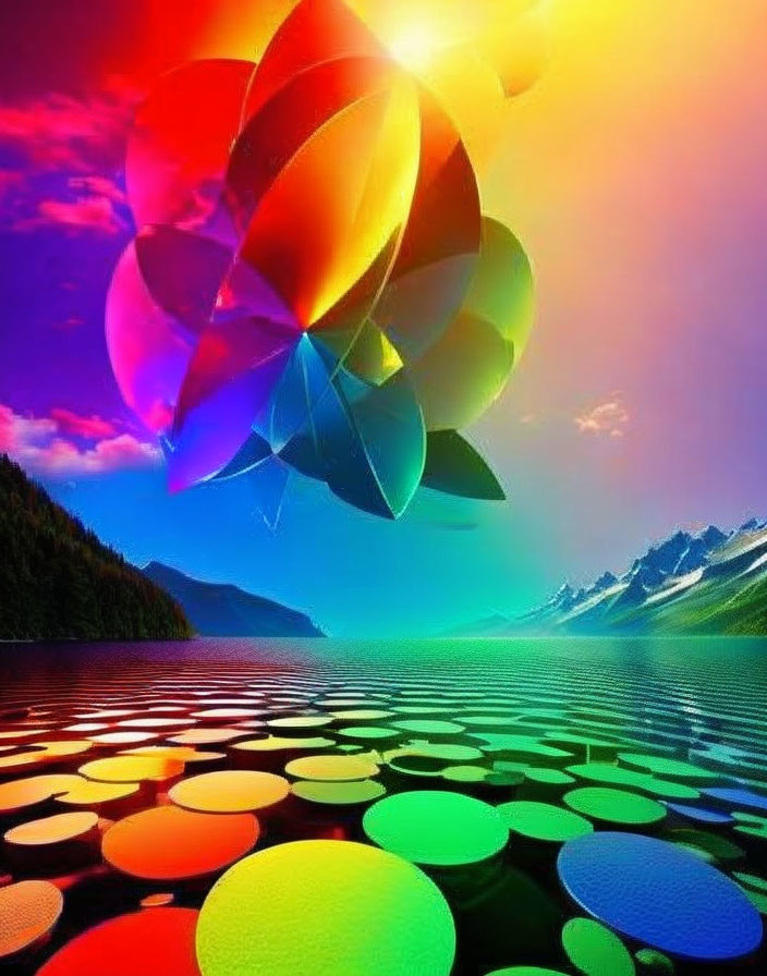 Abstract multi-colored leaf structure over serene lake with mountains in background