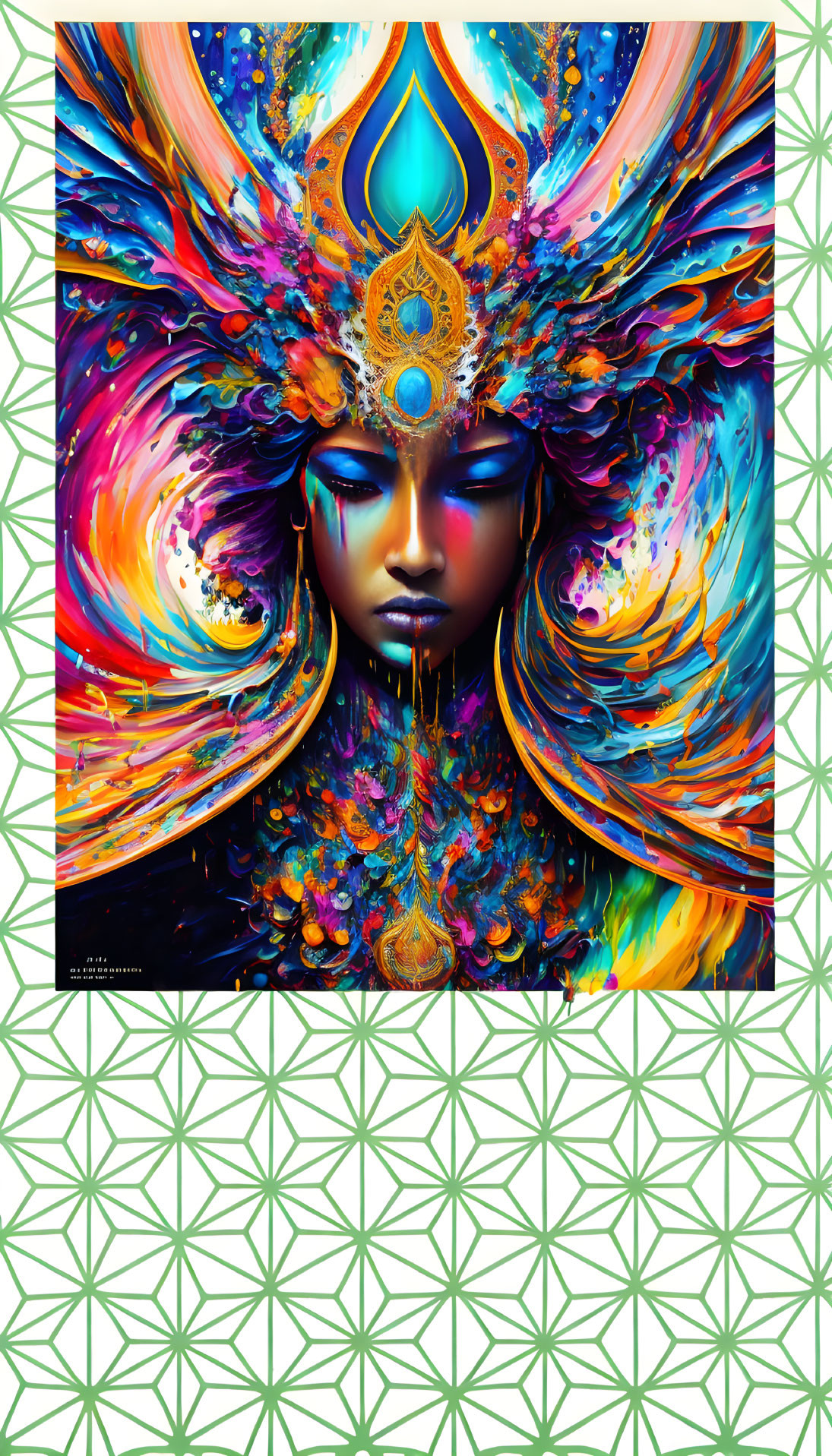 Colorful digital artwork: figure with closed eyes, ornate headdress, and swirling patterns