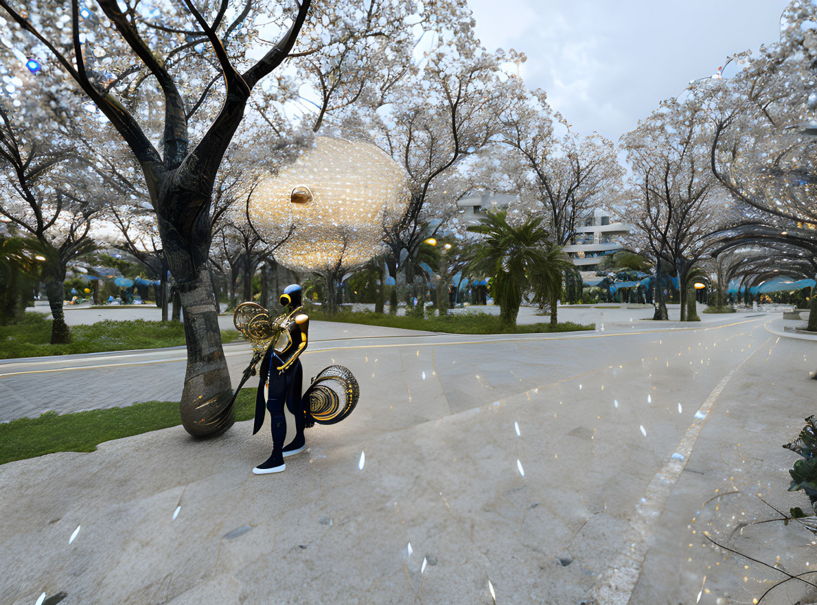 Fantastical figure with glowing orb head in serene park with blooming white trees