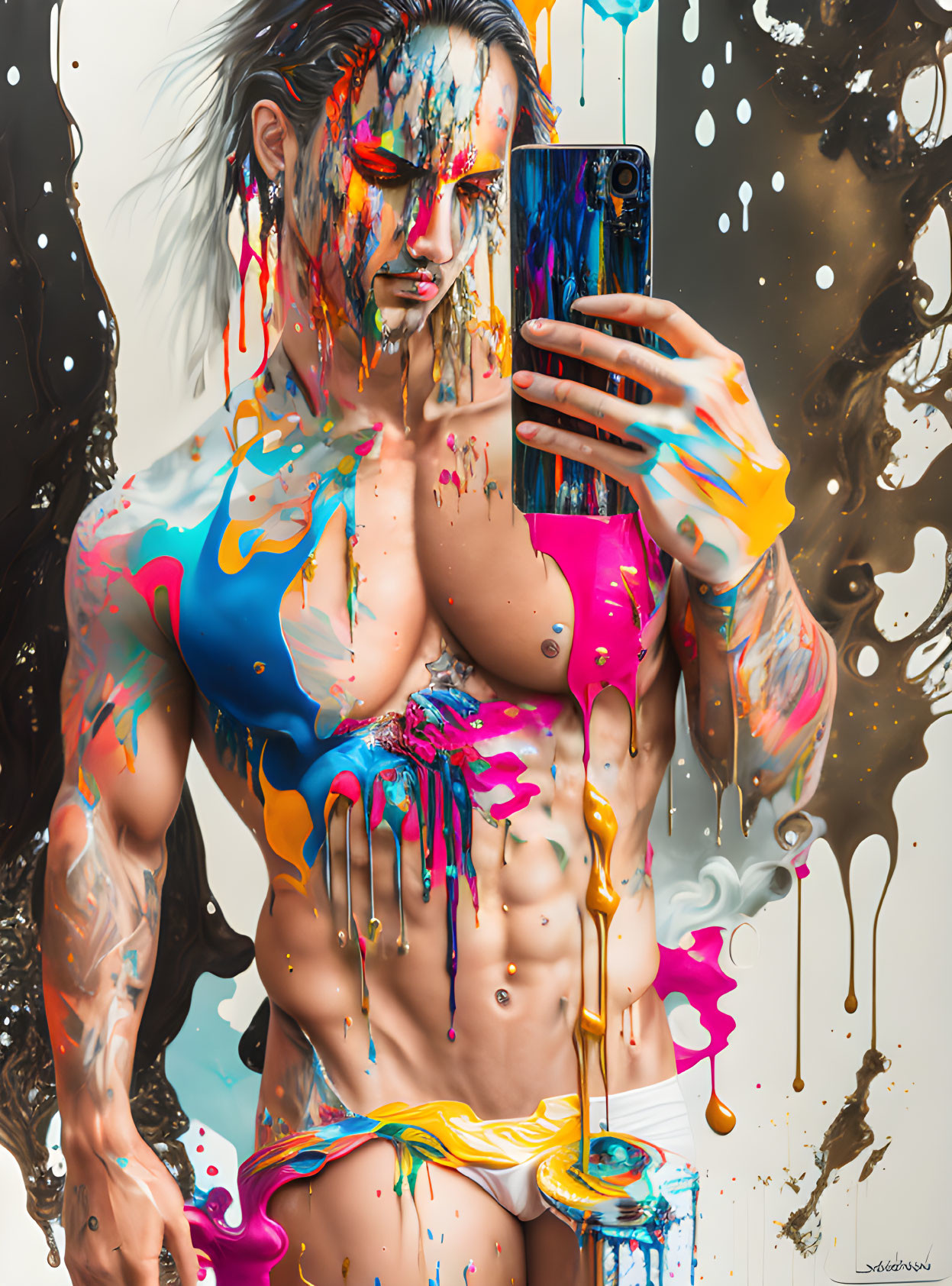 Colorful Paint Drips Selfie on Speckled Backdrop