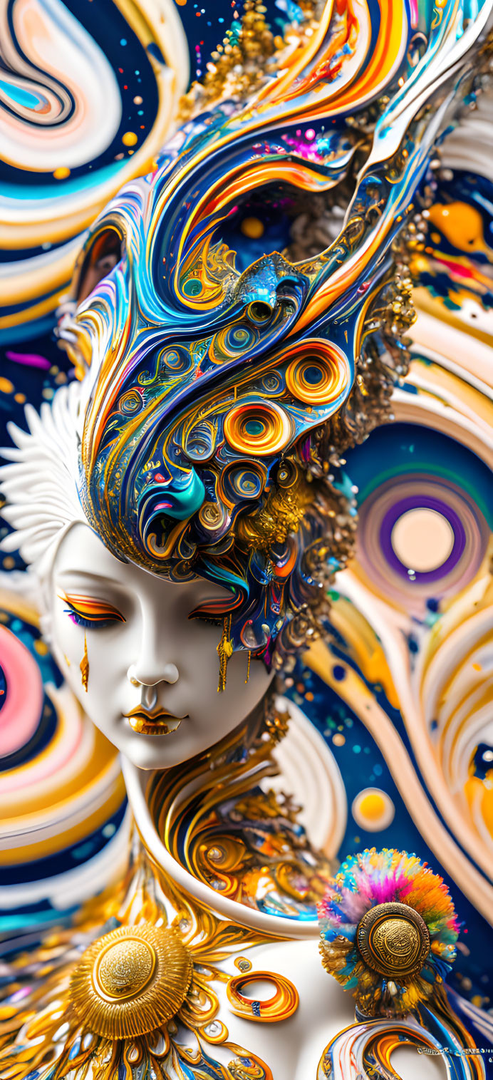 Colorful surreal figure with intricate patterns and metallic accents