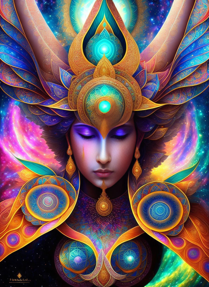 Colorful digital artwork: Serene figure with symmetrical patterns and third eye against cosmic background