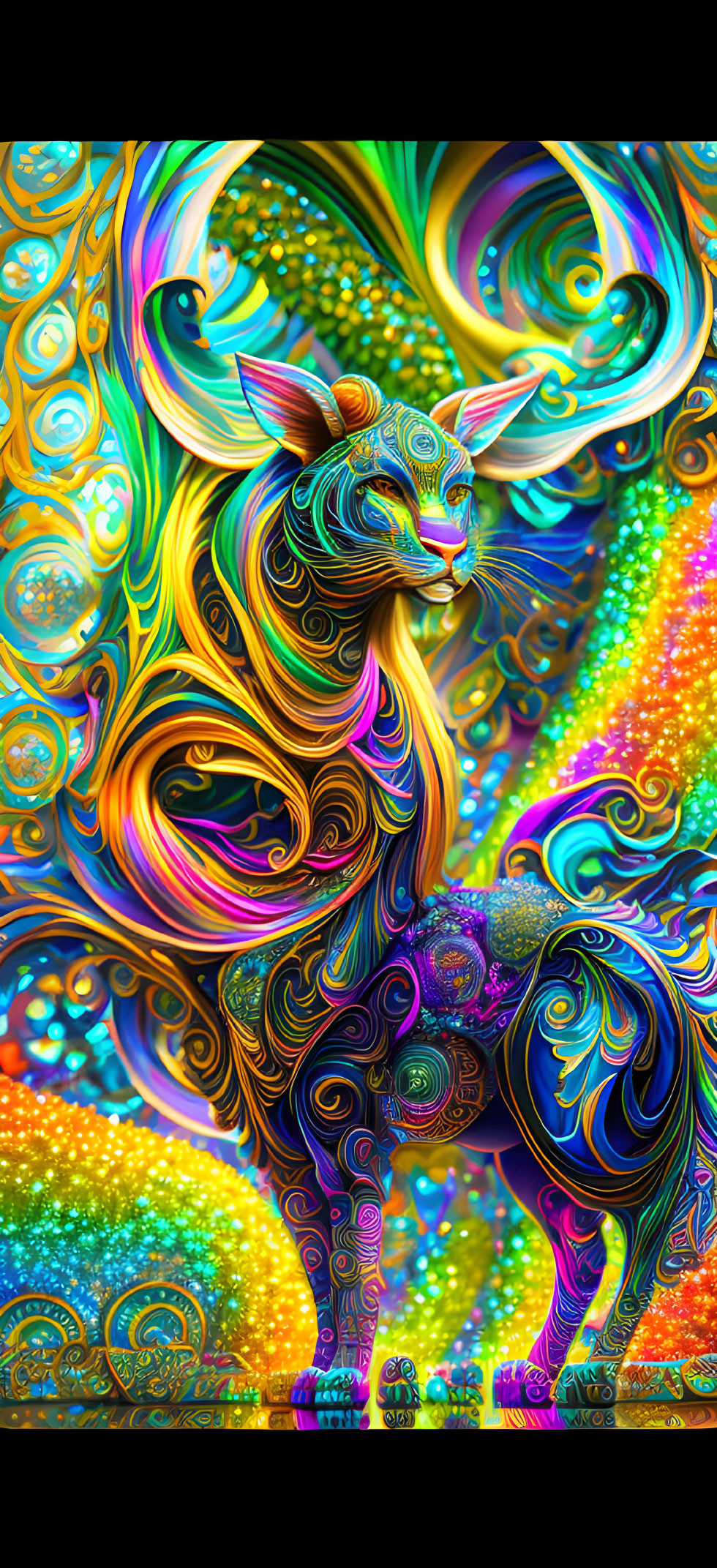 Colorful psychedelic cat illustration with intricate patterns on glittering backdrop