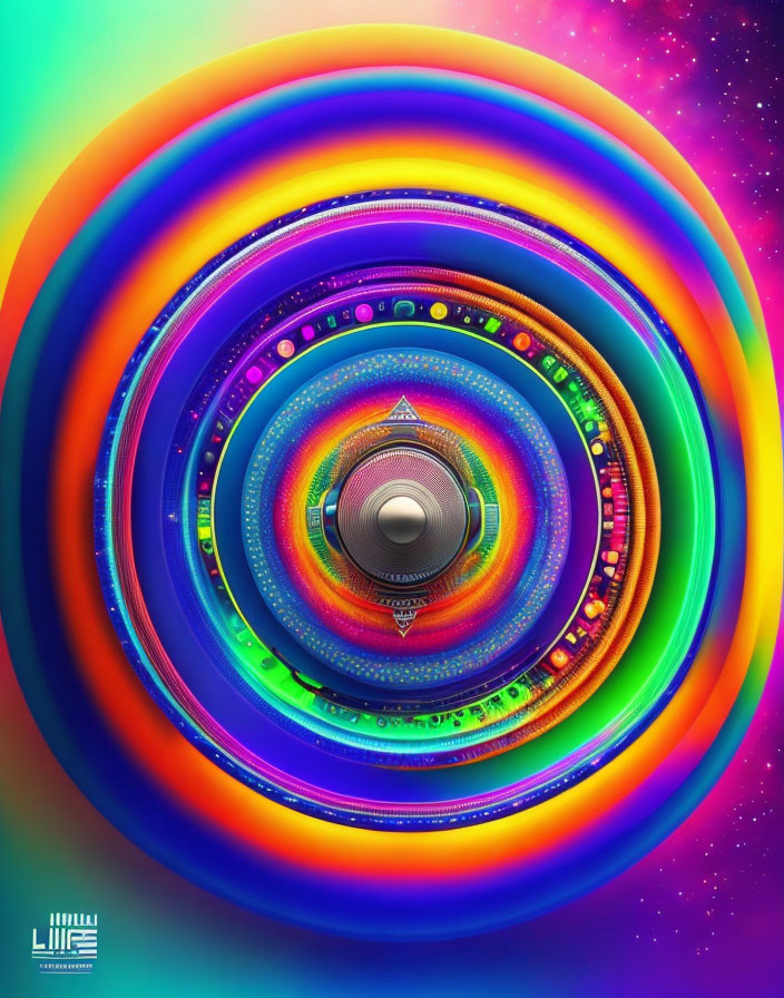 Colorful concentric circle digital artwork with rainbow spectrum and cosmic starfield.