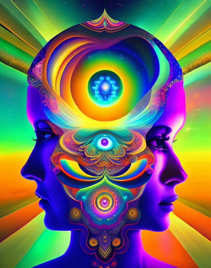 Symmetrical Cosmic Profile Artwork with Vibrant Colors