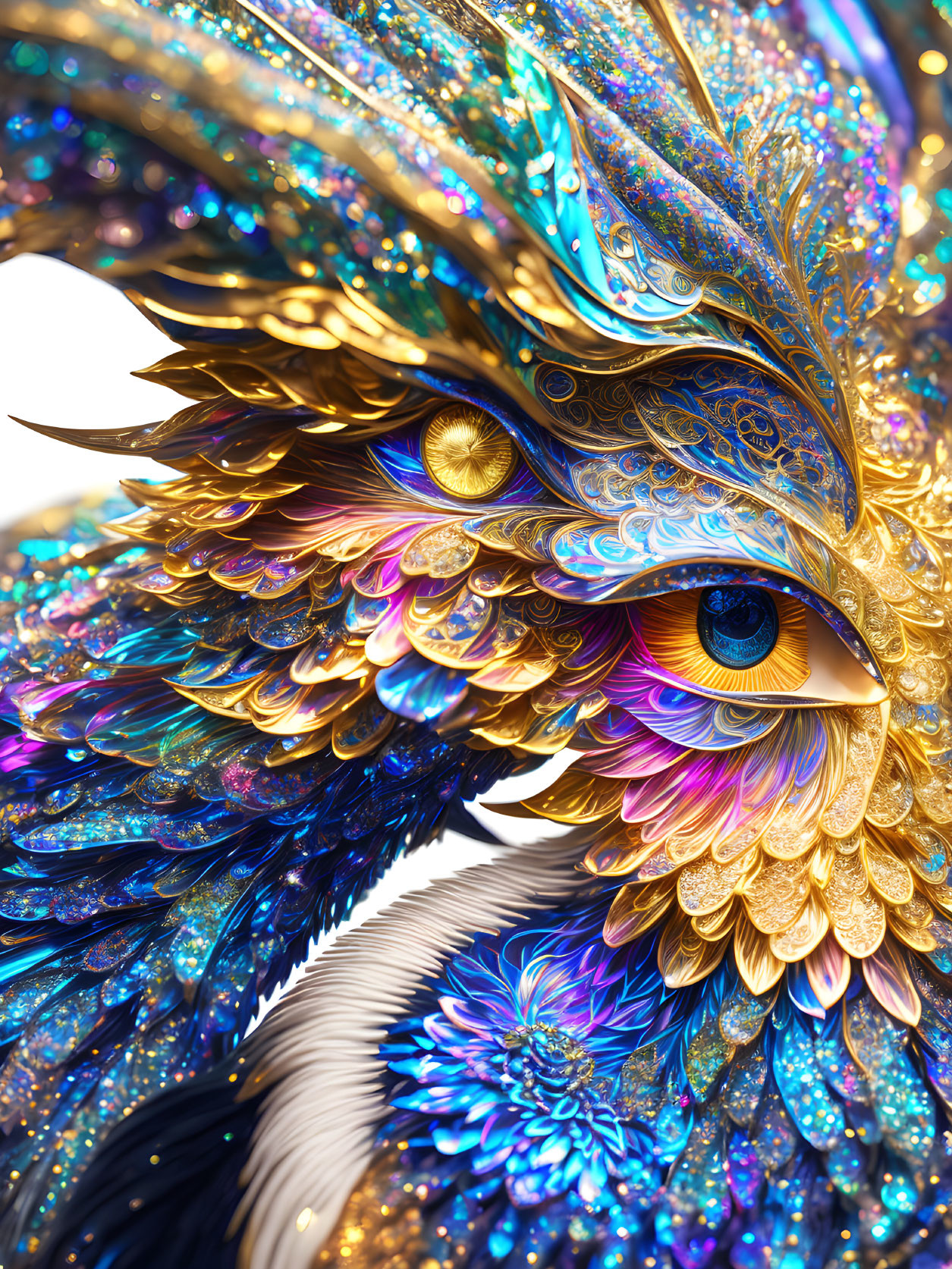 Fantastical ornate bird with metallic feathers in vibrant blues and golds