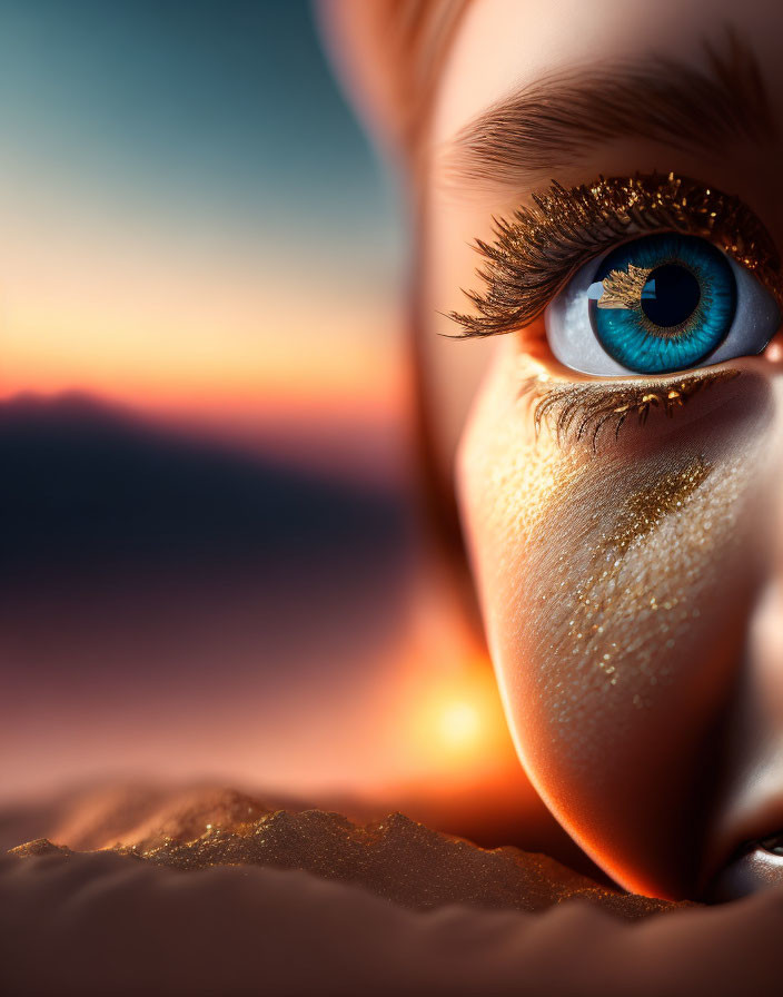 Blue eye with golden makeup against blurred sunset background symbolizing beauty.