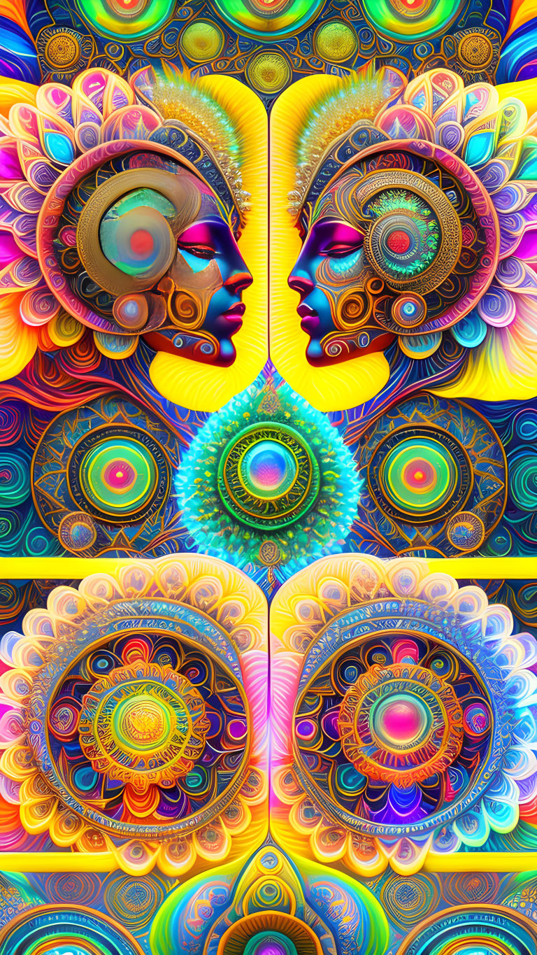 Colorful Psychedelic Image with Mirrored Faces and Mandala Designs