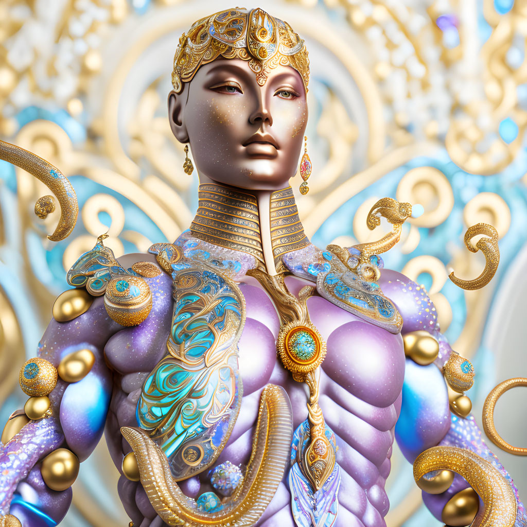 Golden headpiece on figure with body art and armor against gold and blue backdrop