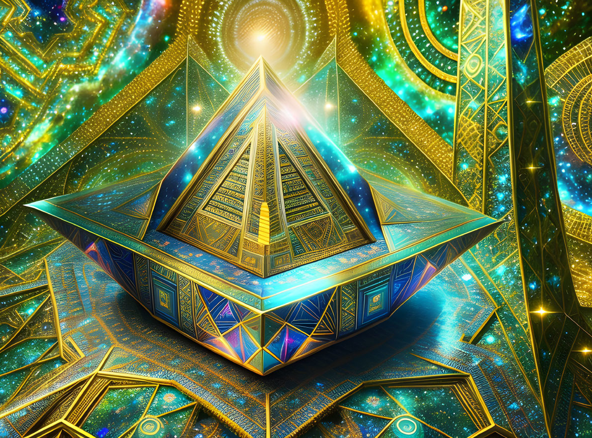 Colorful geometric pyramid emitting light on cosmic background