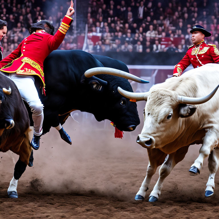 Traditional bullfighter in red and gold costume dodging charging bulls in arena with crowd.