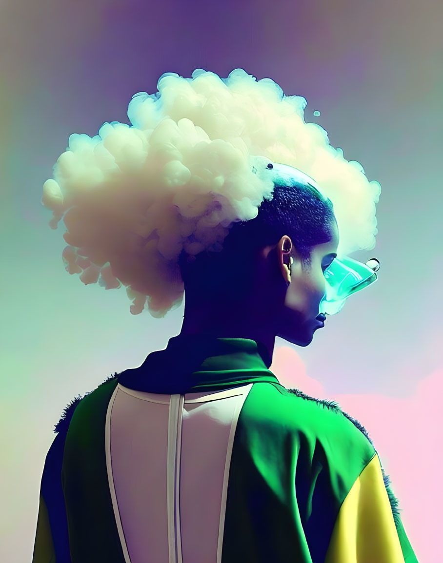 Person with Cloud-Like Hair in Glasses, Green & Yellow Jacket on Pastel Gradient Background