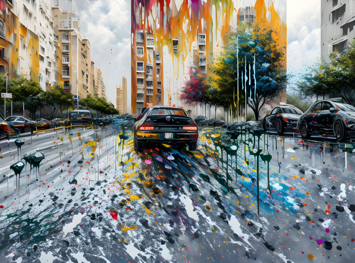 Vibrant paint streaks transform urban street scene