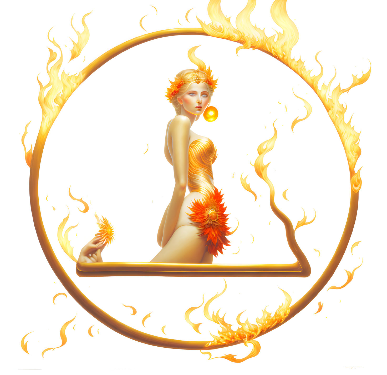 Illustration of woman in fiery ring with flame adornments