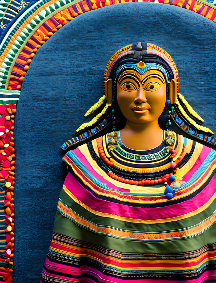 Colorful Woman Sculpture in Traditional Attire on Textured Blue Background