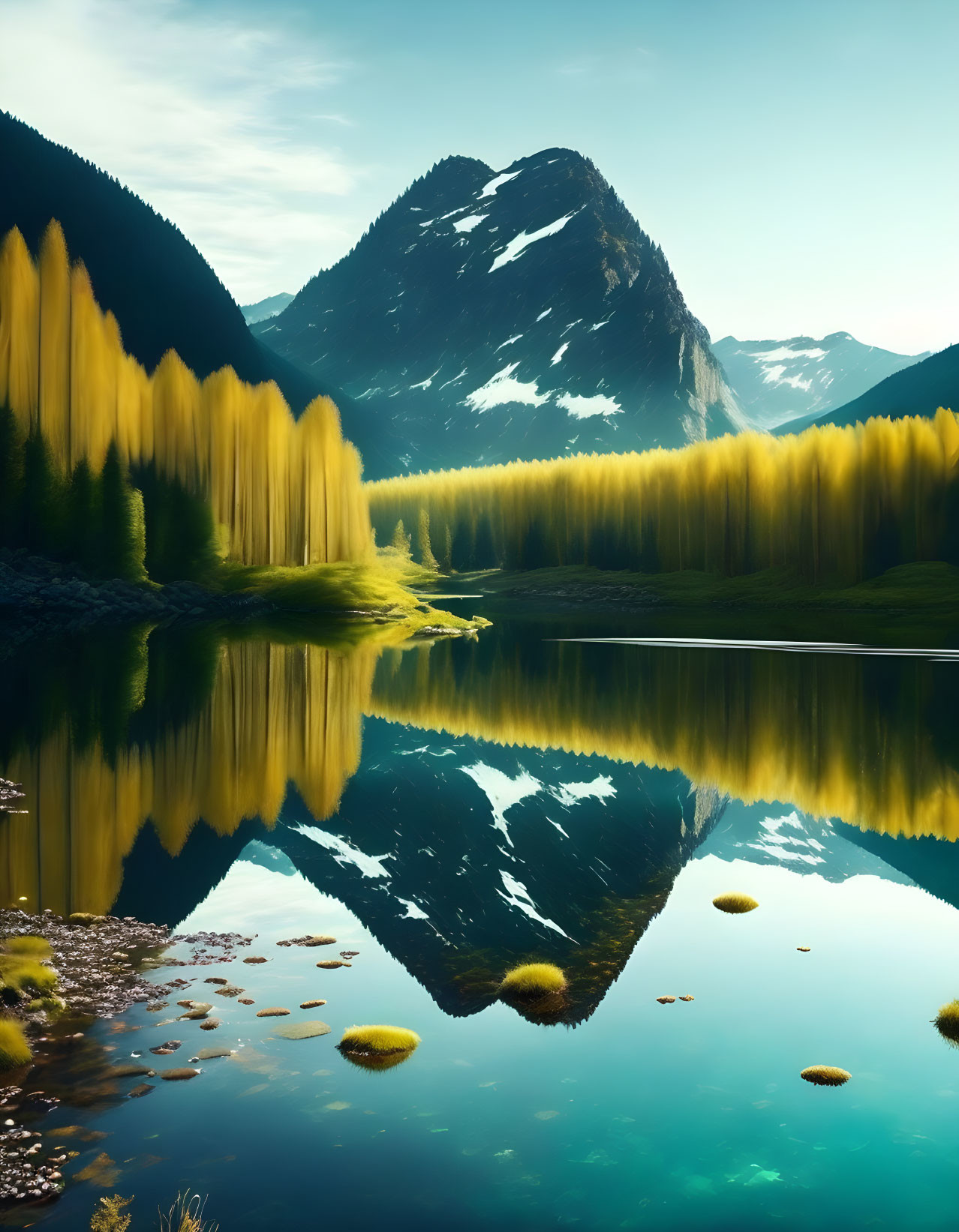 Tranquil mountain reflected in still lake with lush forests and yellow foliage