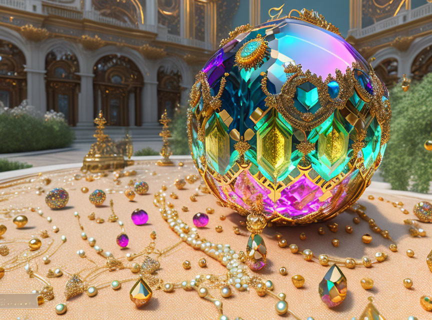 Ornate golden sphere on jeweled surface in luxurious hall