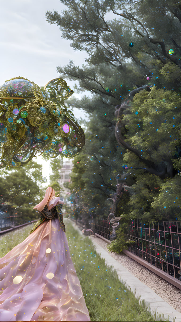 Person in Pink Dress with Elaborate Headpiece on Tree-Lined Path