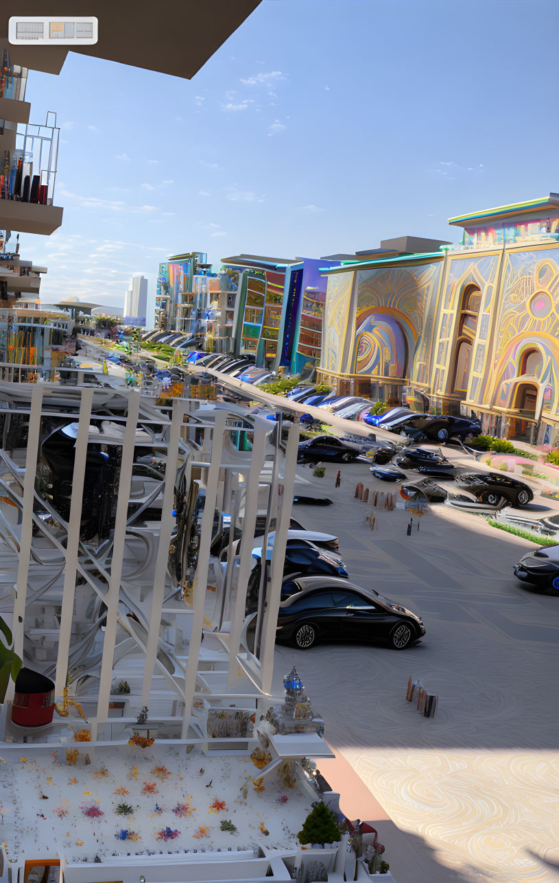 Colorful street scene with ornate buildings, parked cars, terrace with plants