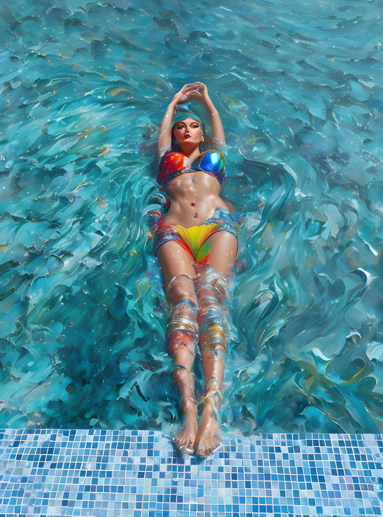 Colorful Bikini Woman Floating on Back in Blue Mosaic Tiled Pool