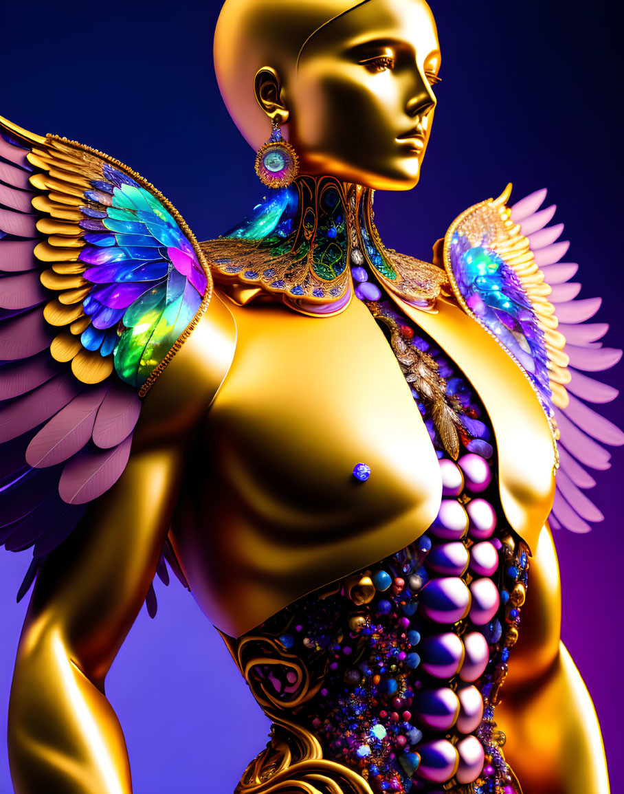 Colorful digital artwork: Golden humanoid with vibrant wings and jewelry on purple backdrop