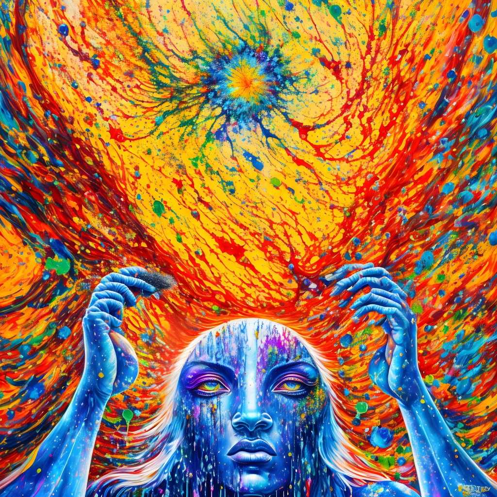 Colorful Psychedelic Painting with Blue-Faced Figure and Cosmic Patterns