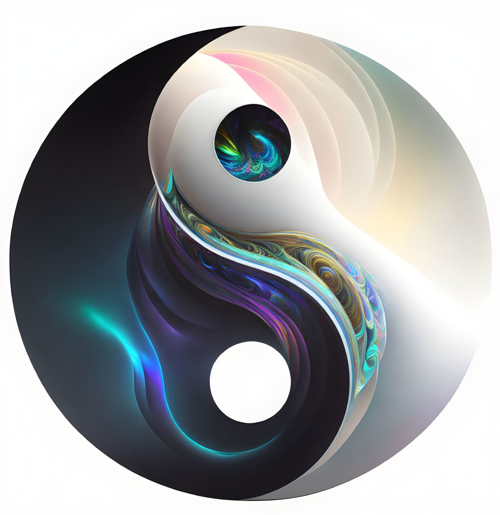 Colorful fractal yin yang symbol on gradient background