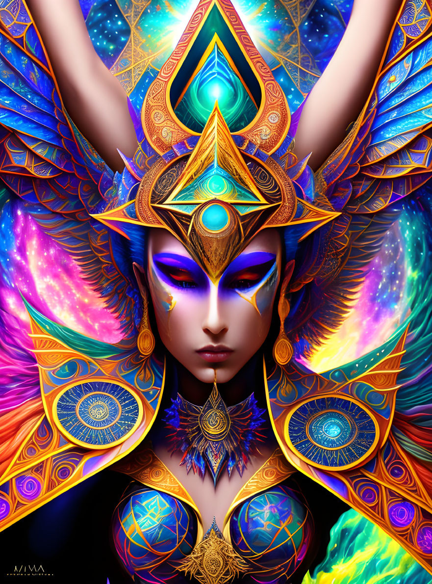 Mythical being with wings and ornate headdress in vivid digital art