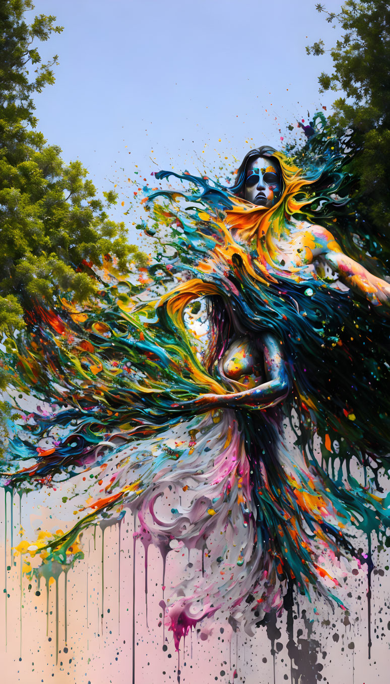 Colorful Abstract Artwork: Dynamic Figure with Flowing Hair