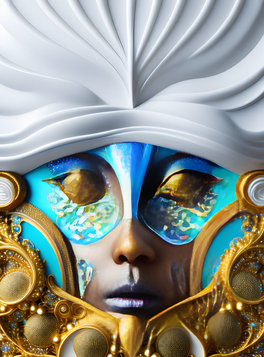 Person in ornate golden mask with blue and white details and fish scale eye decor.