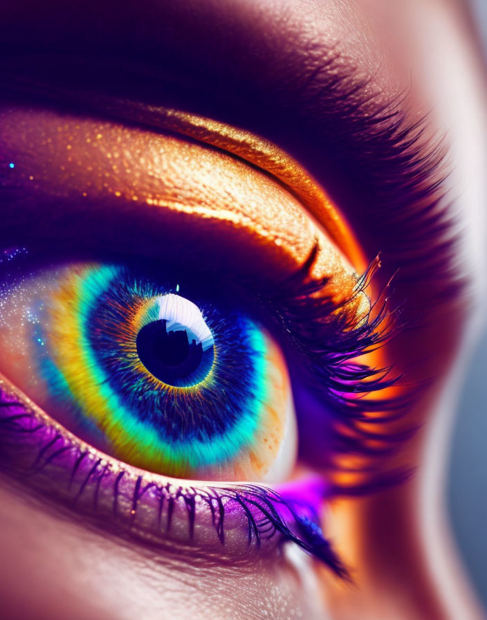 Colorful close-up of human eye with rainbow iris, golden eyeshadow, purple mascara.