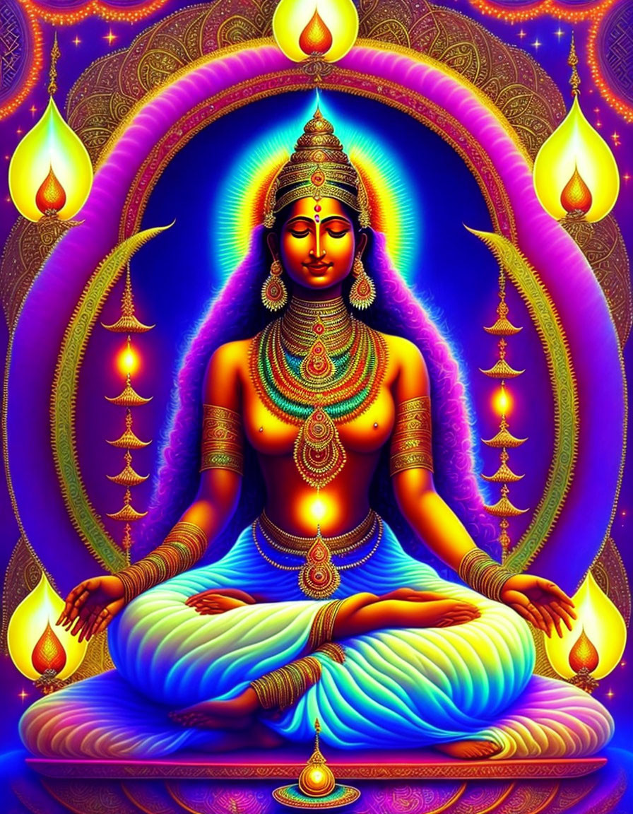 Illustration of deity in meditation with intricate jewelry and glowing lamps