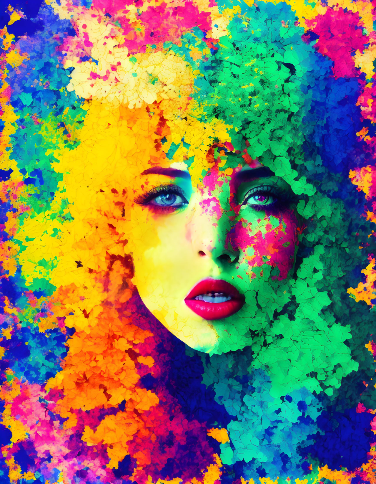 Colorful portrait of a woman with blue eyes and red lips in vibrant paint splatter.