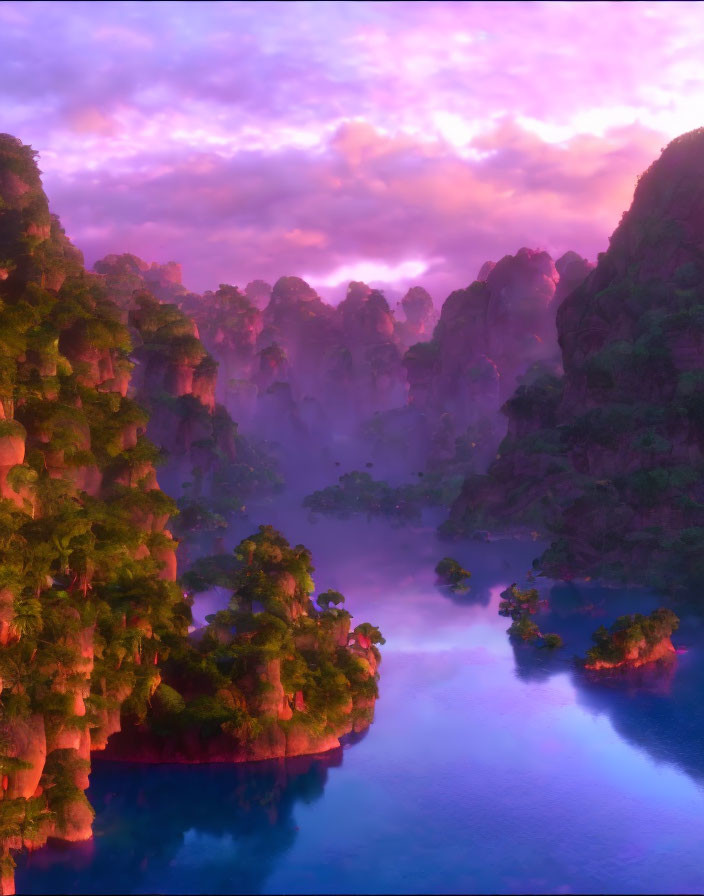 Mystical landscape with purple skies and green cliffs