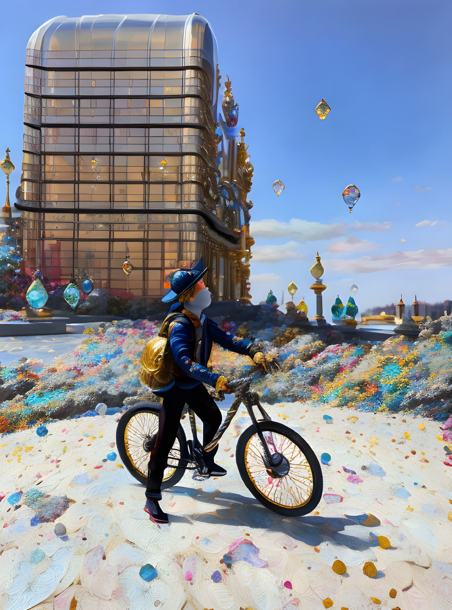 Person in space helmet with bicycle in surreal landscape with whimsical building and floating crystals