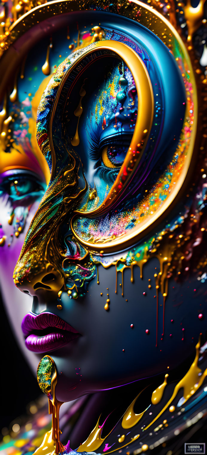 Surreal digital artwork: vibrant face with gold liquid and intricate patterns